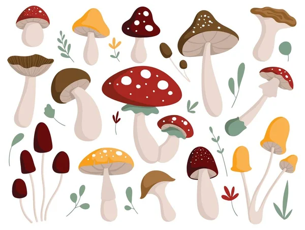 Conjunto Ilustrações Estilo Plano Doodle Cogumelos Elementos Design —  Vetores de Stock