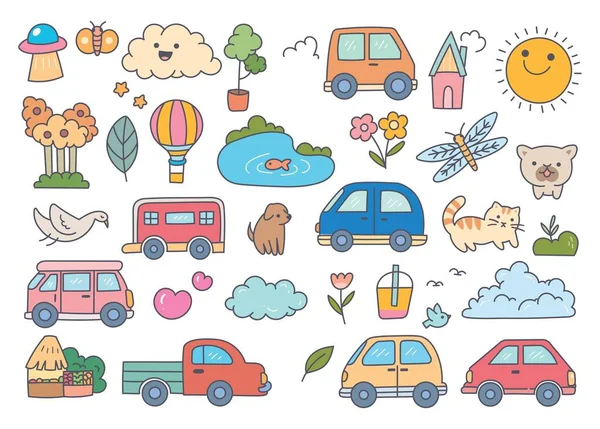 一组可爱的动漫动物和汽车 — 图库矢量图片
