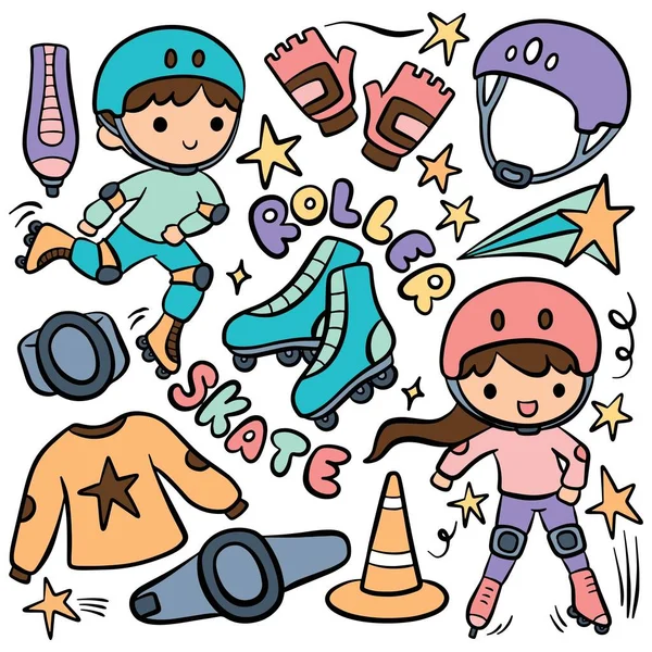 Leuke Rolschaatsen Set Kinderen Doodle — Stockvector