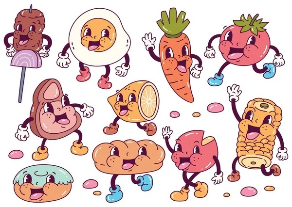 Set Von Cartoon Food Charakter Retro Stil Illustration — Stockvektor