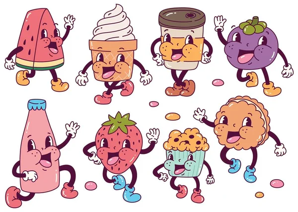 Set Cartoon Food Character Retro Style Illustration — Stock Vector