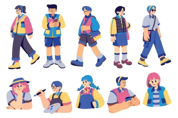Serie Personaggi Dei Cartoni Animati Posa Diversa Illustrazione Stile Piatto — Vettoriale Stock