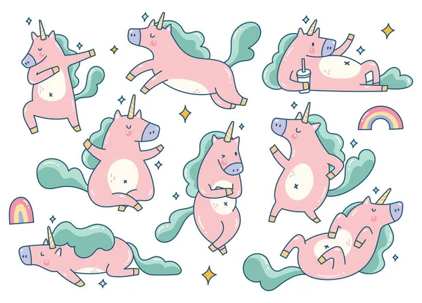 Satu Set Unicorn Kartun Gambar Vektor Lucu - Stok Vektor