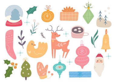 Şirin elementlerle kurulmuş Noel, vektör illüstrasyonu