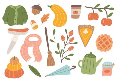 Düz çizim biçiminde sonbahar karalama nesnesi seti