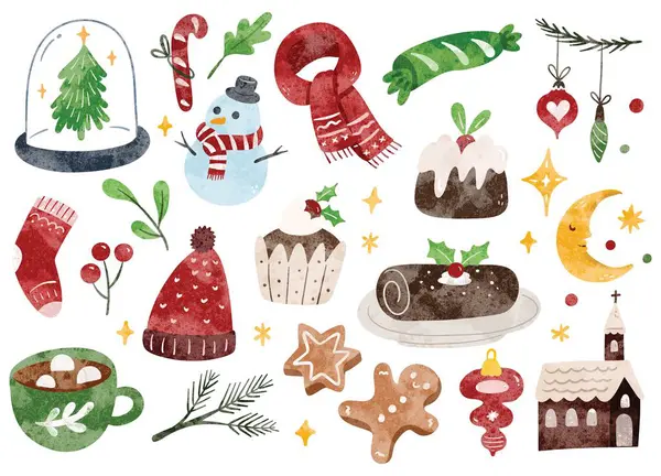 手绘圣诞涂鸦 水彩画中与圣诞庆祝有关的物品 — 图库矢量图片
