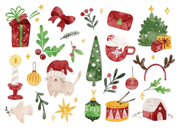 Kézzel Rajzolt Karácsonyi Doodle Karácsonyi Ünnep Kapcsolódó Tárgy Akvarell Stílus — Stock Vector
