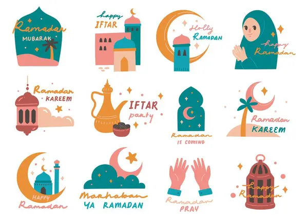 Ramadan Kareem Rajzolt Illusztráció Készlet Gyűjtemény Ikonok Hold Csillag — Stock Vector