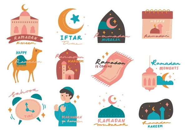 Ramadan Kareem Illustration Dessinée Avec Ensemble Collection Icônes Lune Étoile — Image vectorielle