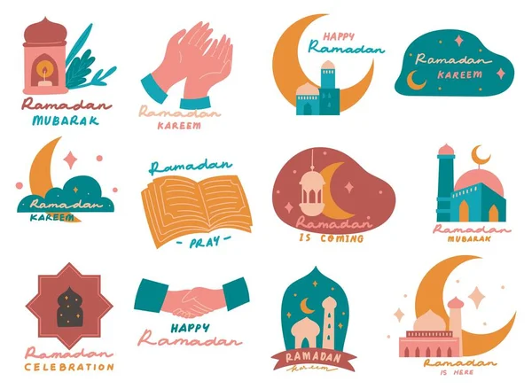Ramadan Kareem Sticker Und Ramadan Mubarak Ikonen Set — Stockvektor