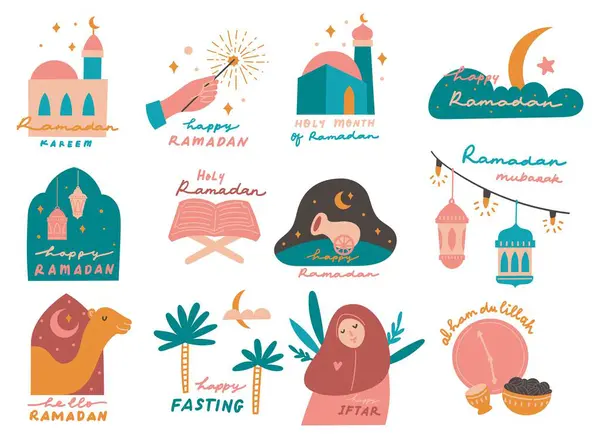 Ramadan Kareem Matrica Ramadán Mubarak Ikonok Készlet — Stock Vector