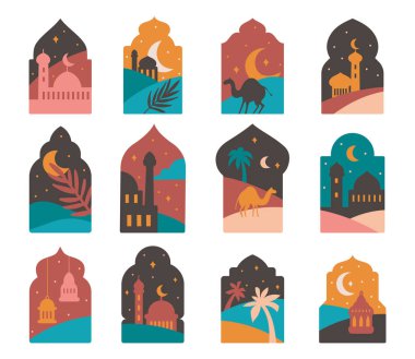 Cami, çöl, ay, huzur sahnesi düz stil illüstrasyon, ramazan tasarım unsuru, bayram al fitr tebrik kartı dekorasyonu