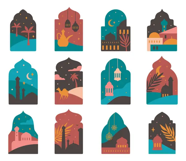 Арабские Окна Мечетью Пустыня Луна Безмятежность Сцены Плоский Стиль Иллюстрации — стоковый вектор