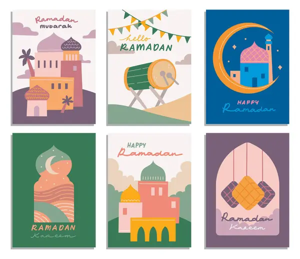Uppsättning Ramadan Card Platt Stil Illustration Eid Fitr Celebration — Stock vektor