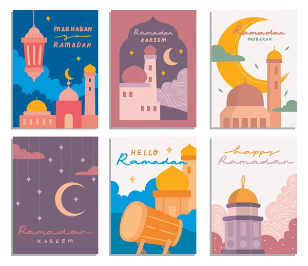 Набор Карточки Рамадана Стиле Плоской Иллюстрации Празднование Праздника Аль Фитр — стоковый вектор