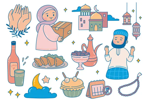 手绘斋月卡通涂鸦 伊斯兰庆祝会 Iftar Party 开斋节设计元素 — 图库矢量图片