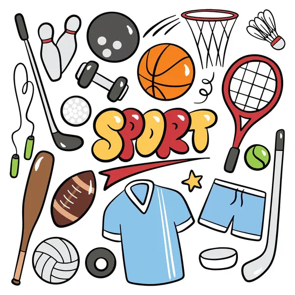 Cartoon Sports Equipment Doodle Style Illustration — Stock Vector