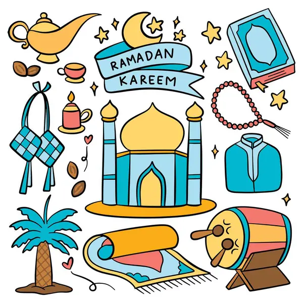 Islâmico Ramadã Eid Fitr Festival Conceito Doodle Desenho Animado Elemento — Vetor de Stock