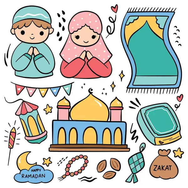 Islamische Ramadan Und Eid Fitr Festival Concept Kritzeln Cartoon Design — Stockvektor