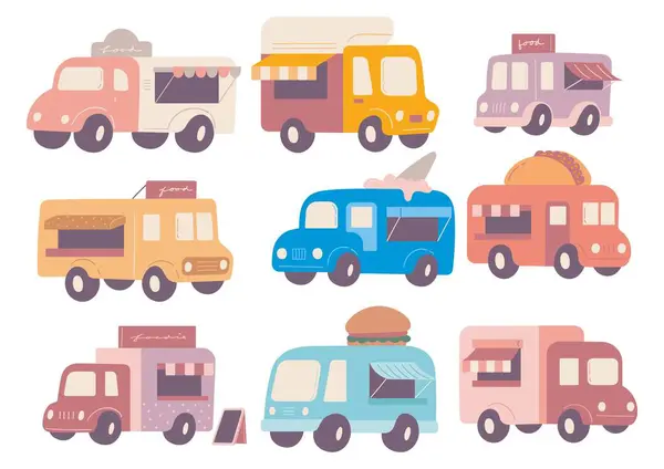 Camiones Comida Dibujos Animados Estilo Plano Ilustración Sobre Fondo Blanco — Vector de stock