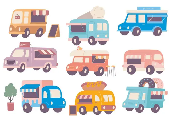 Caminhões Comida Dos Desenhos Animados Estilo Plano Ilustração Sobre Fundo —  Vetores de Stock