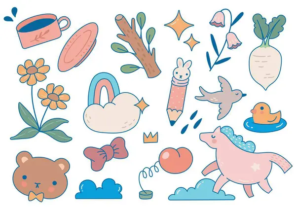 Conjunto Kawaii Desenho Animado Doodle Elementos Design — Vetor de Stock
