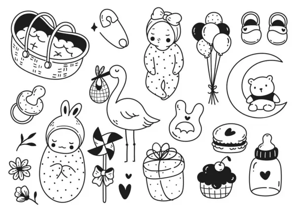 Set Von Niedlichen Baby Accessoires Doodle Line Art — Stockvektor