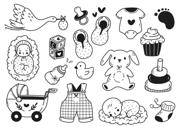 Conjunto Acessórios Bonitos Bebê Doodle Line Art —  Vetores de Stock
