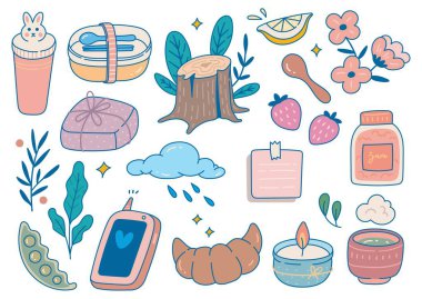 Bir dizi kawaii karalama tasarım elementleri.