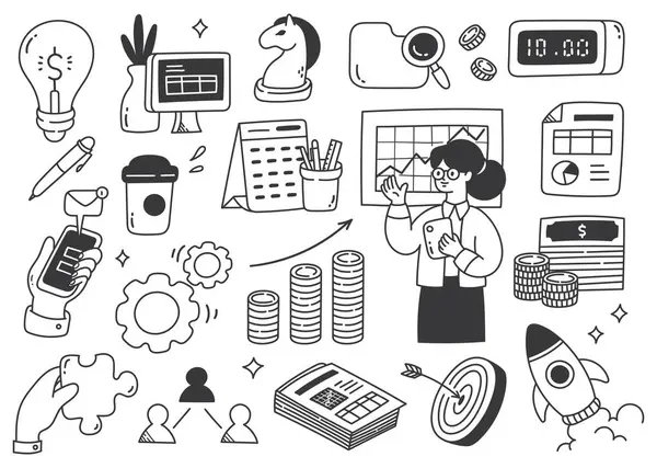 Set Hand Drawn Business Concept Doodle Icons — Stockový vektor