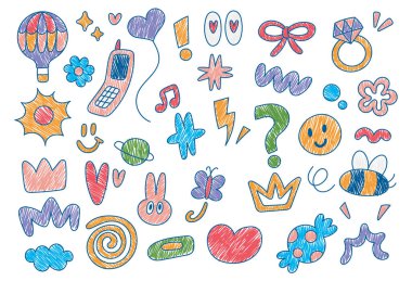 Çocuk karalama stili çiziyor, çeşitli şekillerde rastgele karalama yapıyor.