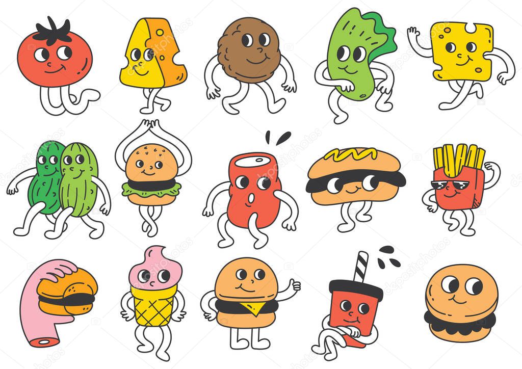 Groovy Cartoon Collection of Junk Food. Retro Style Illustrations with Cheerful Characters