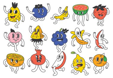 Klasik Karikatür Meyve Koleksiyonu. Neşeli Karakterlerle Retro Biçimli Resimler