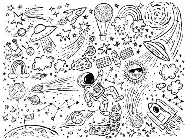 El Çizimi Uzay Çizimleri - Astronot, UFO, Gezegenler, Yıldızlar ve Roketler