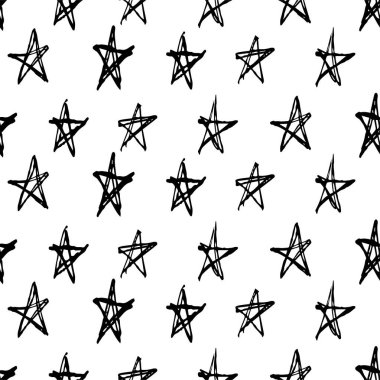 El Çizimi Siyah ve Beyaz Yıldızlar Kalıp Vektör Çizimi - Soyut Yıldız Karalamaları     