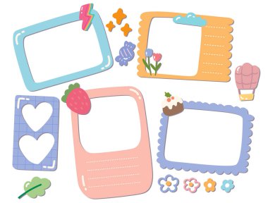 Şirin Elementlerle Renkli El Çizimi Çizim Çerçeveleri - Albüm ve Tasarım için Vektör Resimleri