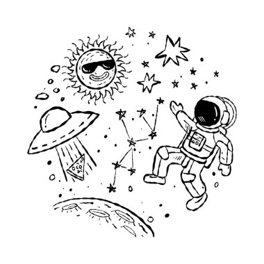 Hand-Drawn Space Doodles Vector Illustration - Astronaut, UFO, Planets, Stars clipart