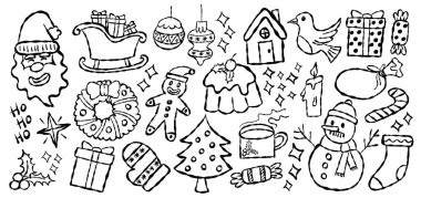 El yapımı Noel Baba, Kardan Adam, Hediye ve Daha Fazla Şeyin yer aldığı Festivalsel Siyah ve Beyaz Tatil Çizimleri