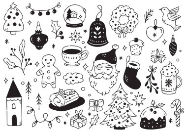 El yapımı Noel Baba, Kardan Adam, Hediye ve Daha Fazla Şeyin yer aldığı Festivalsel Siyah ve Beyaz Tatil Çizimleri