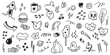 Yaratıcı El Çizimi Doodle Set. Oyuncu Vector Scribbles, Semboller ve Sketches. Tasarım Projeleri için Soyut Siyah ve Beyaz ResimlerComment