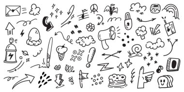 Yaratıcı El Çizimi Doodle Set. Oyuncu Vector Scribbles, Semboller ve Sketches. Tasarım Projeleri için Soyut Siyah ve Beyaz ResimlerComment
