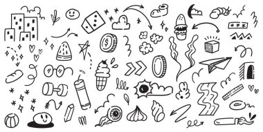Yaratıcı El Çizimi Doodle Set. Oyuncu Vector Scribbles, Semboller ve Sketches. Tasarım Projeleri için Soyut Siyah ve Beyaz ResimlerComment