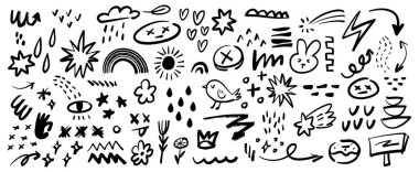 Yaratıcı El Çizimi Doodle Set. Oyuncu Vektör Karalamaları, Semboller ve Çizimler