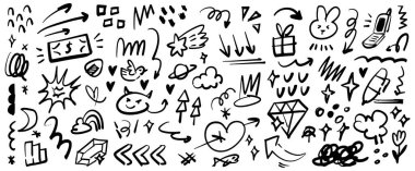 Yaratıcı El Çizimi Doodle Set. Oyuncu Vektör Karalamaları, Semboller ve Çizimler