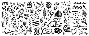 Yaratıcı El Çizimi Doodle Set. Oyuncu Vektör Karalamaları, Semboller ve Çizimler