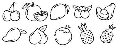 El yapımı Meyveli Kek Simgeleri. Gıda, Sağlık ve Organik Tasarım Projeleri İçin Taze Meyve Toplama. Tropik ve Yaz Meyveleri Seti