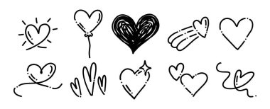 El yapımı Kalp Karalama Koleksiyonu. Vector Heart Icons with Wings, Sparkles ve Sevgi İçin Şirin Elementler ve Sevgililer Günü Tasarımı. Soyut Romantik Semboller