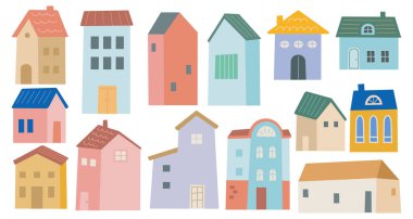 El Çizimi Renkli Ev Doodle Şirin Pastel Konutları ve Şehir Binaları Mimarlık, Emlak ve Şehir Tasarım Projeleri Zirvesi