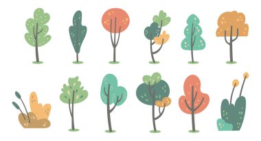 El Çizimi Karikatür Ağaçları Clipart Set Şirin Doodle Stili, Dijital Tasarım, Etiketler ve Baskılar için Doğa İllüstrasyonu