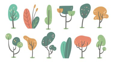 El Çizimi Karikatür Ağaçları Clipart Set Şirin Doodle Stili, Dijital Tasarım, Etiketler ve Baskılar için Doğa İllüstrasyonu
